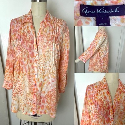 Gloria Vanderbilt Size L Orange Button Up Blouse. Pleats, 3/4 Sleeve, Curved Hem