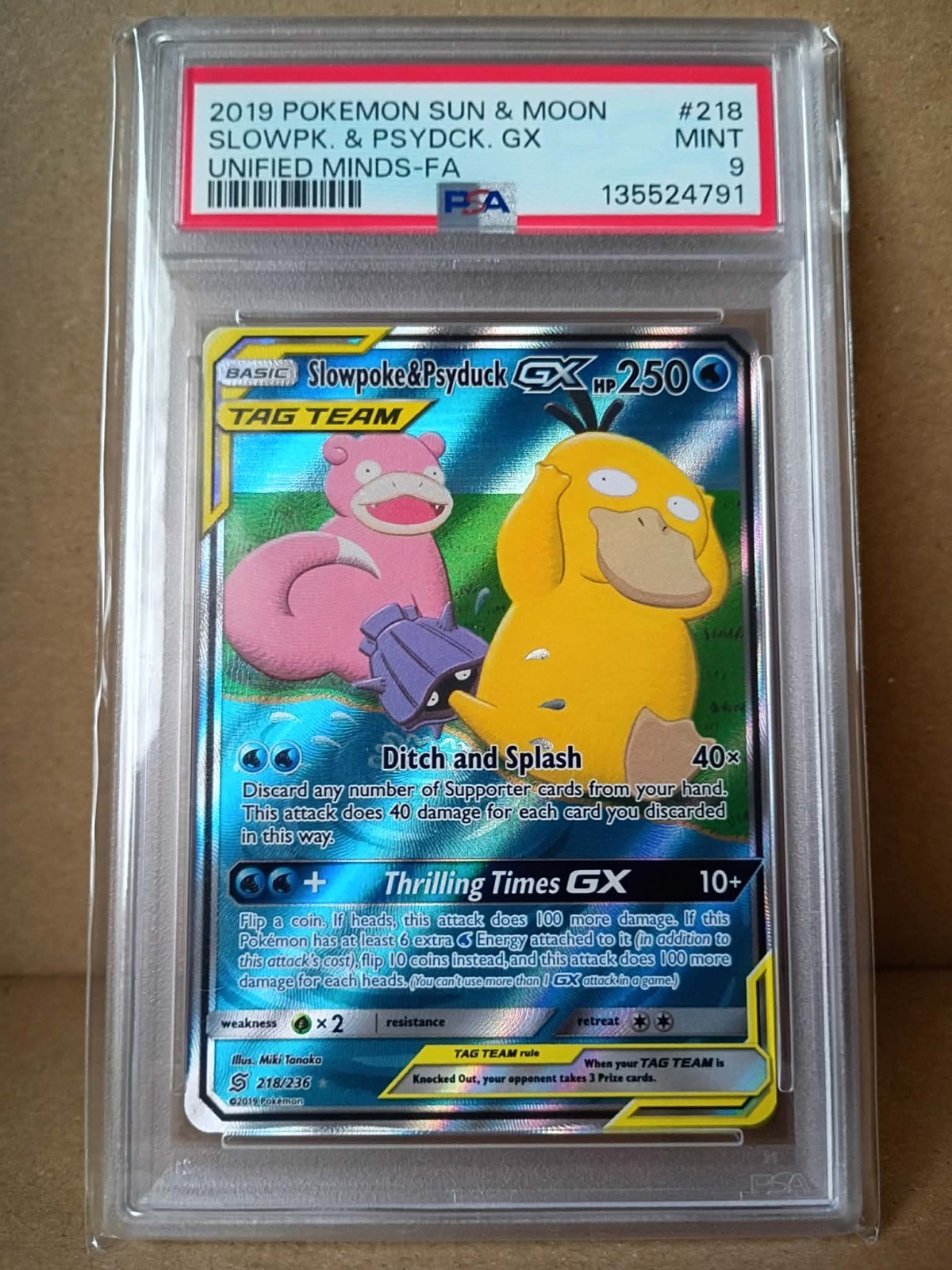 Slowpoke & Psyduck GX (Alternate Full Art) 218/236 Sm-Unified Minds Holo PSA 9