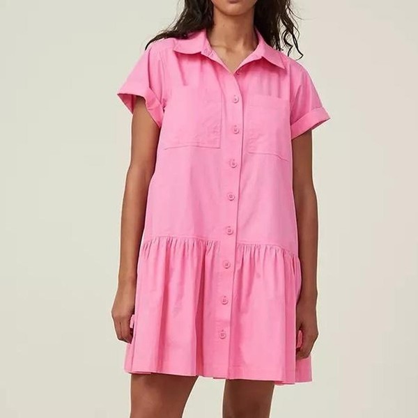 COTTON ON Pink Shirt Dress Size Small ~ Collared Button Up Ruffle Skirt Pockets 