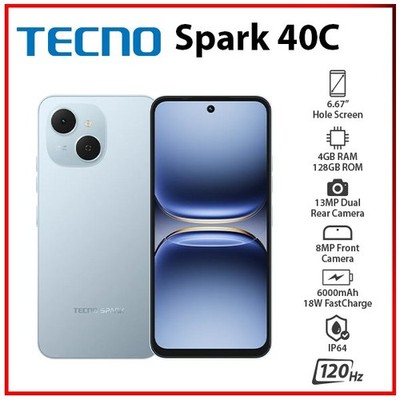 (New) TECNO Spark 40C 4GB+128GB BLUE Dual SIM Unlocked Android Mobile Phone