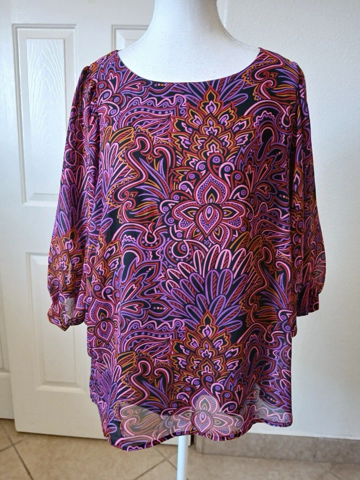 Blusa Bob Mackie Mujer Pequeña Dolman Colorida Floral Usable Arte Boho Foto 2 de 4