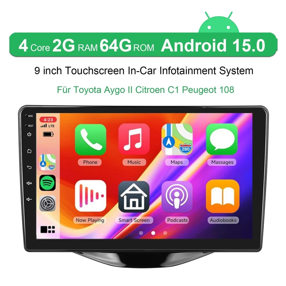 2+64GB Autoradio Carplay GPS Navi BT Für Toyota Aygo II Citroen C1 Peugeot 108 - Bild 3 von 4