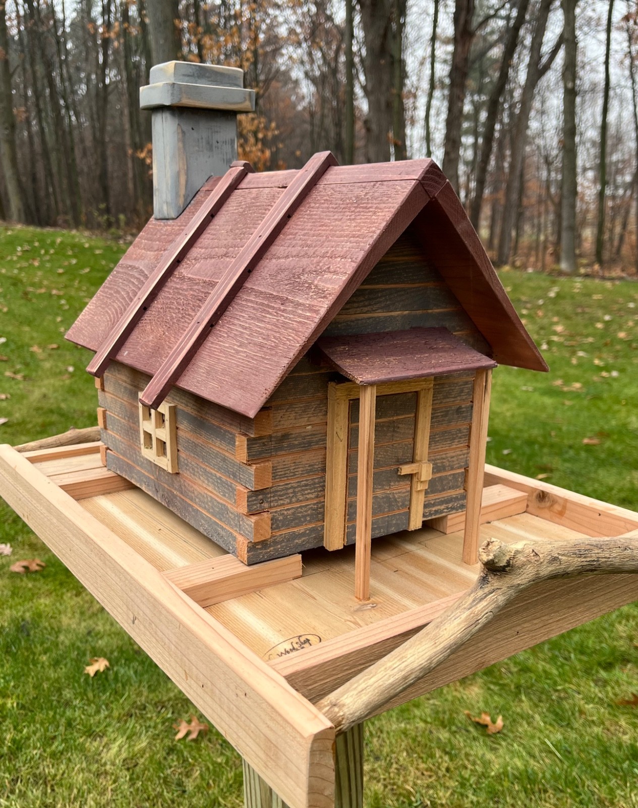 Bird Feeder Handmade Log Cabin  w/Natural Branch Perch