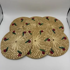 Vintage Wicker Hot Pad Trivet Lot Of 6 Rattan Round Woven Decor Rose