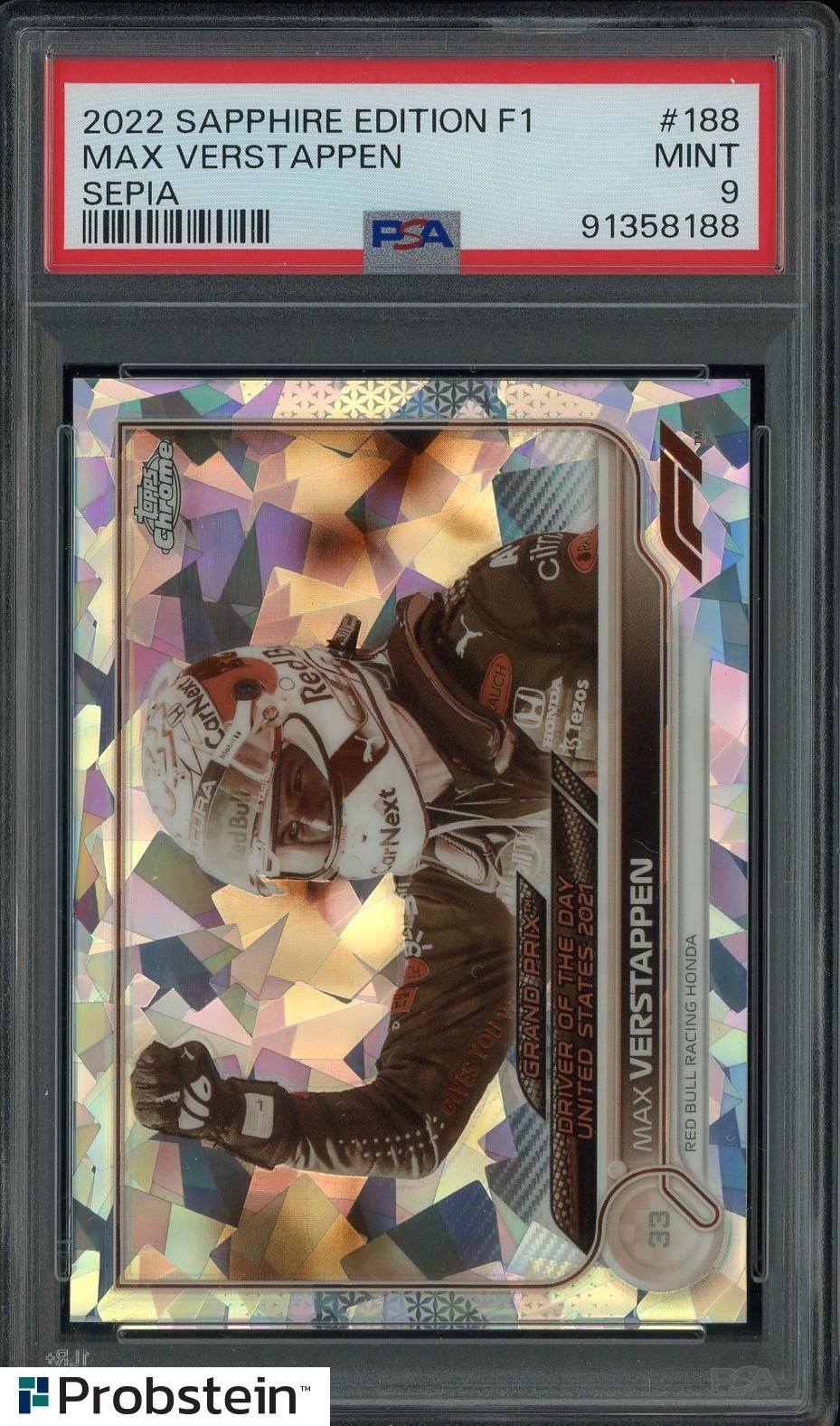 2022 Topps Chrome Sapphire F1 Sepia #188 Max Verstappen 001/100 PSA 9 MINT