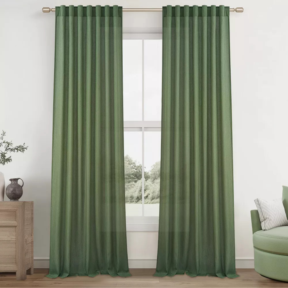 Olive Green Linen Sheer Curtains 84 Inches Long 2 Panels for Living 2690₽