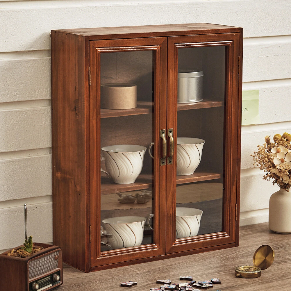 Wooden Storage Cabinet Cupboard Display Shelf w Clear Doors Wall Mounted Desktop