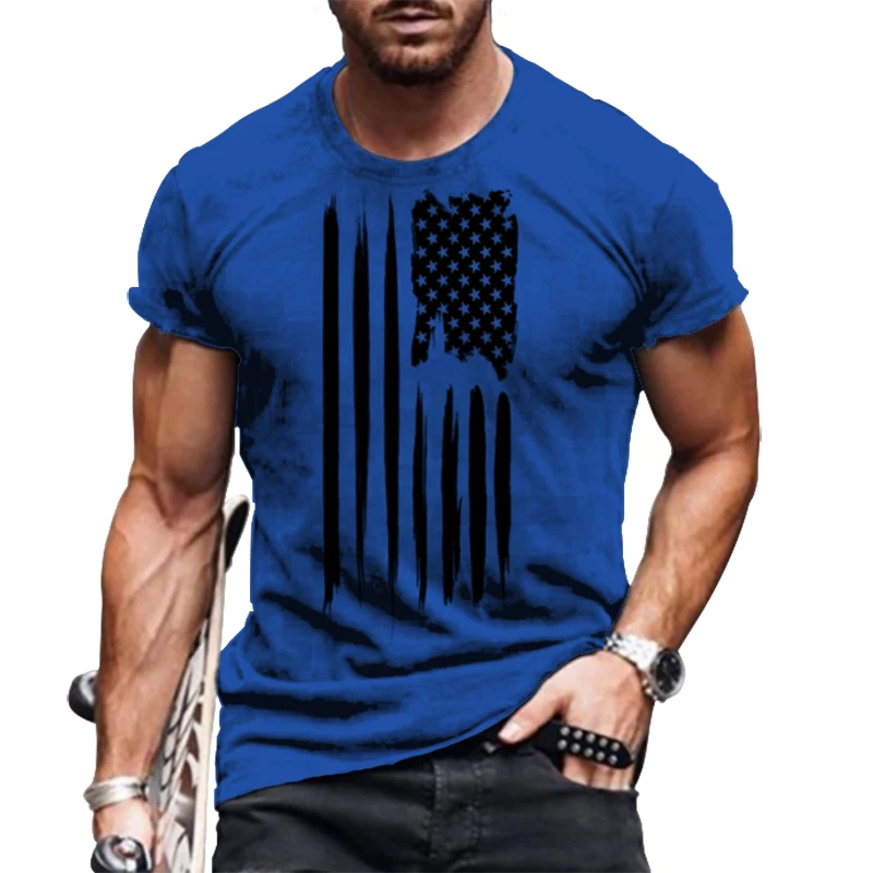T-Shirt Men Fashion Graphic American USA Flag Blue Casual Short Sleeve T Shirts