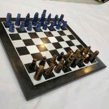 Black Marble Chess Board With- Lapis & Tiger Eye Set Pieces Gifts Decor
