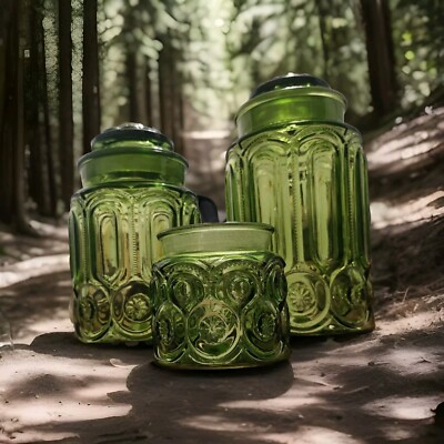 Vintage L.E. Smith Glass Moon & Stars Canister Set Jars Apothecary Avo Green MCM