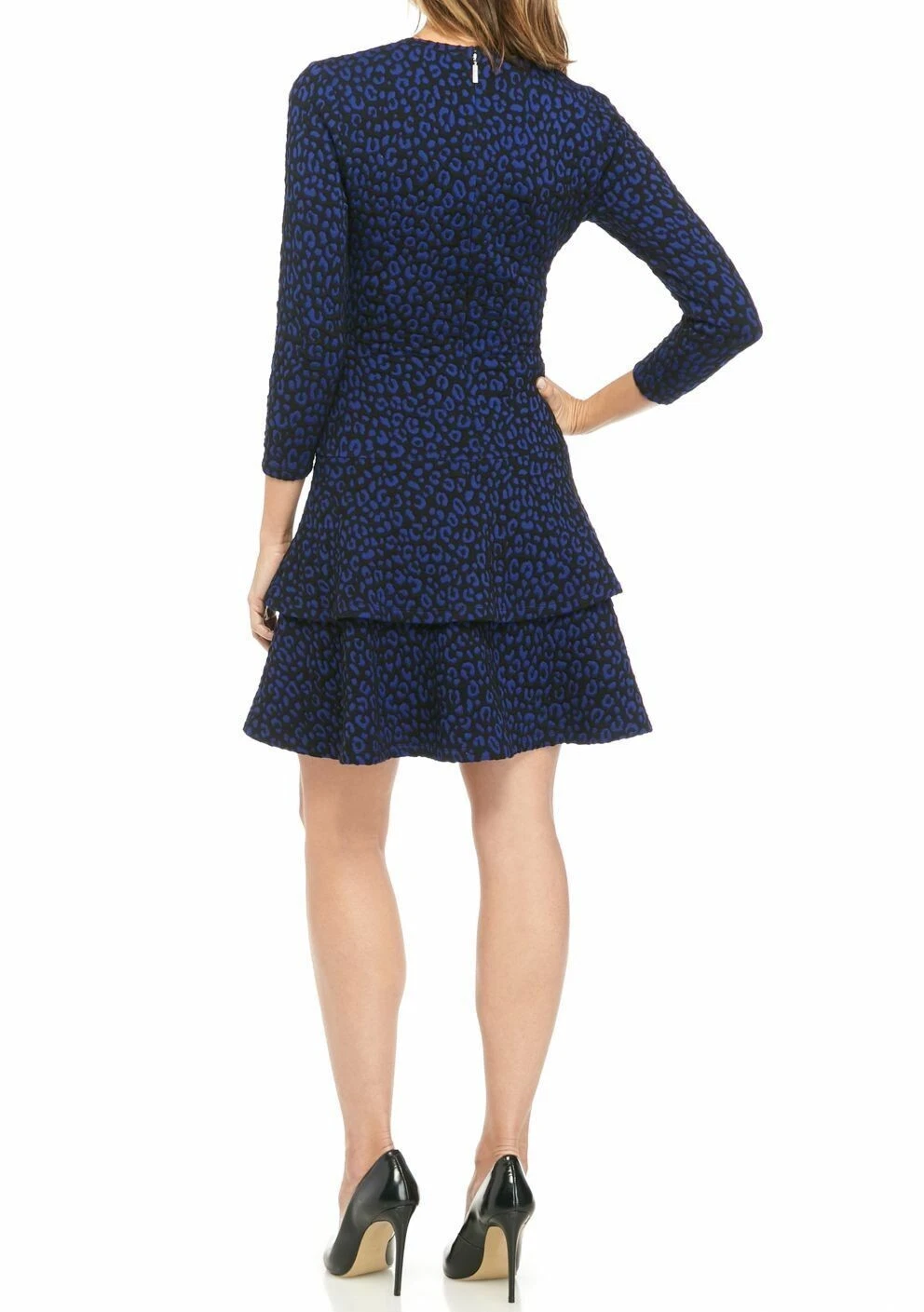 Abito MICHAEL KORS blu nero leopardato jacquard maglia a strati gonna con volant S = 4 6