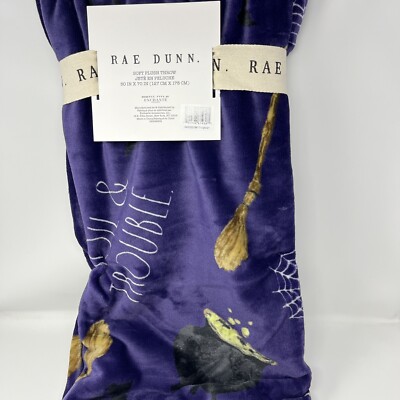 Rae Dunn Toil & Trouble Plush Throw Blanket 50''x70'' Purple Halloween Cauldron