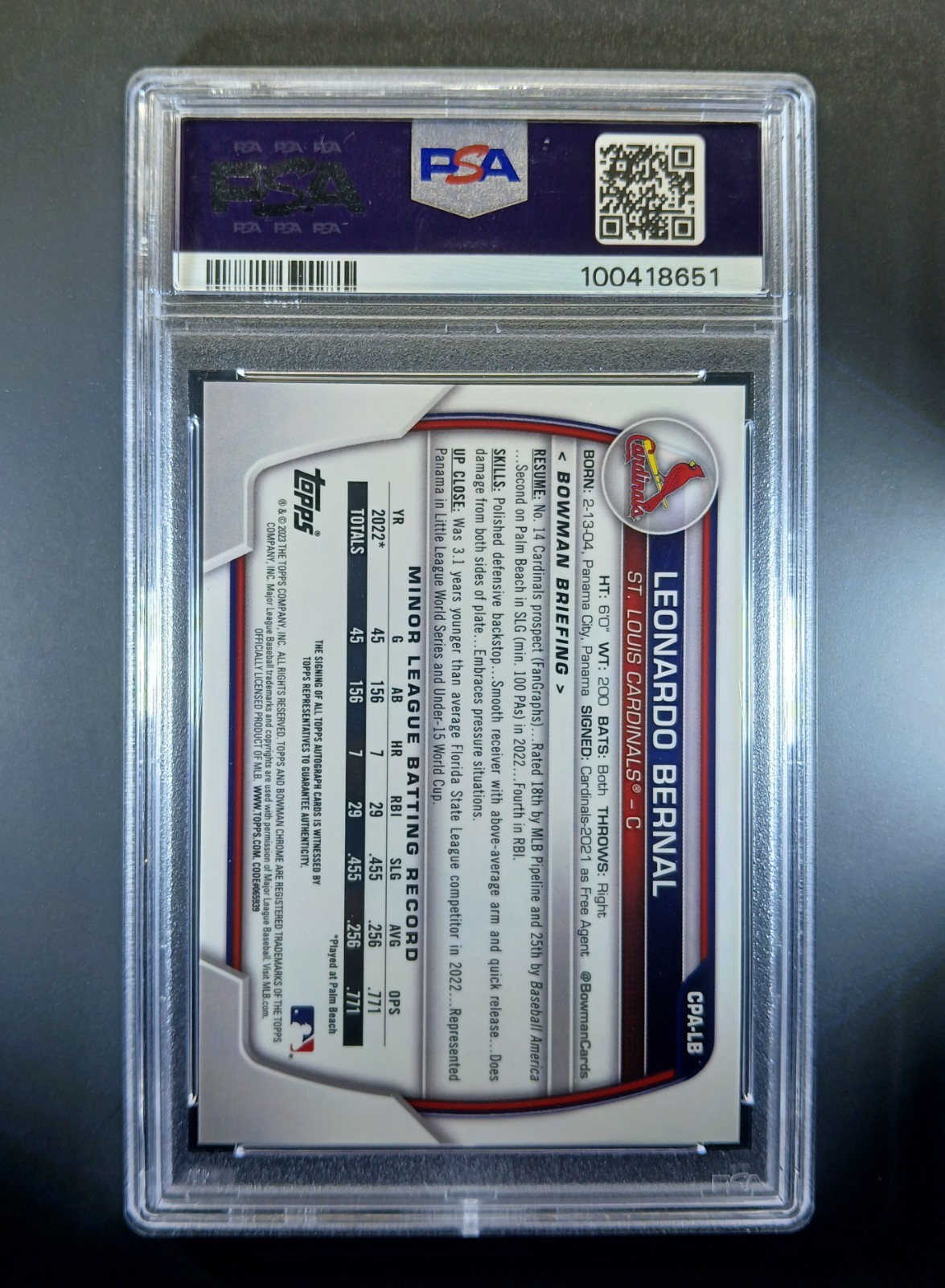Leonardo Bernal Auto /50 PSA 10 2023 Bowman Chrome 1st Gold Shimmer Prospect view 2