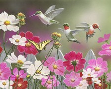 35" Fabric Panel  David Textiles Cosmos  Hummingbird Garden Flower Scene