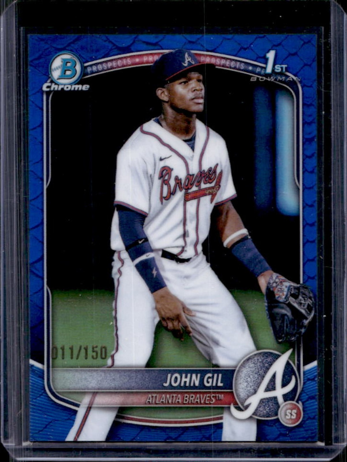2025 Bowman Chrome John Gil Reptilian Blue Refractor 1st #11/150 Braves