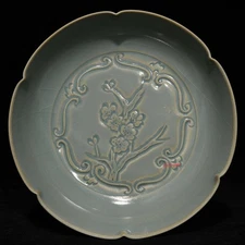 7.4" china retro song dynasty ru kiln porcelain plum blossom flower mouth plate