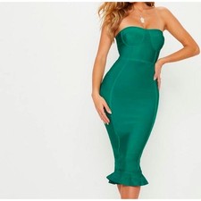 PRETTY LITTLE THING RETRO EMERALD GREEN BANDAGE FRILL HEM BODYCON MIDI DRESS 2