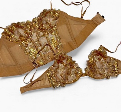 Victoria s Secret Gold Sequined Ziggy Floral Embroidery Unlined Corset/Bra Top