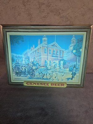Vintage Genesee Lighted 3d Beer Sign With Fire Engine Pulled By Horses