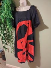 HOBBs Black Red Wool Silk Shift Dress Size 14 Work Formal Short Sleeve Knee Long