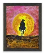 Cowboy Silhouette Sunset Painting Canvas Western Horse Rider Desert Wall Decor