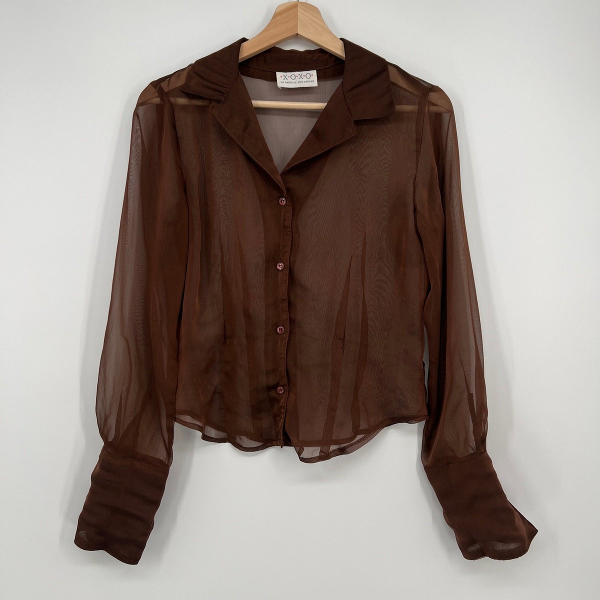 トップス cherryboy407 Vtg Y2K XOXO Sheer Button Blouse Top Womens Medium Chocolate Brown