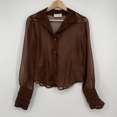 Vtg Y2K XOXO Sheer Button Blouse Top Womens Medium Chocolate Brown