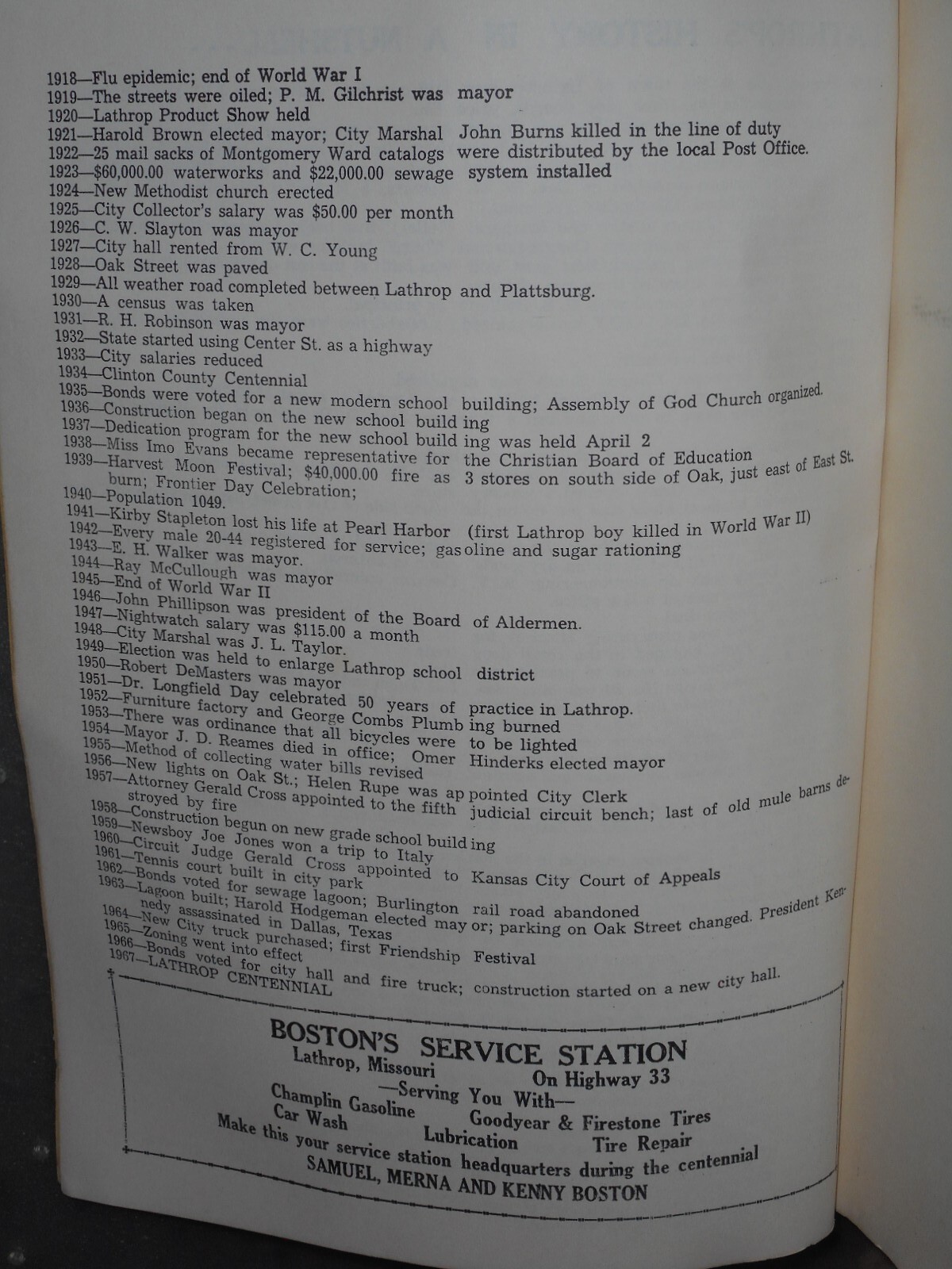 100 Year Photo History of Lathrop Missouri, Time line of Events, Old MO