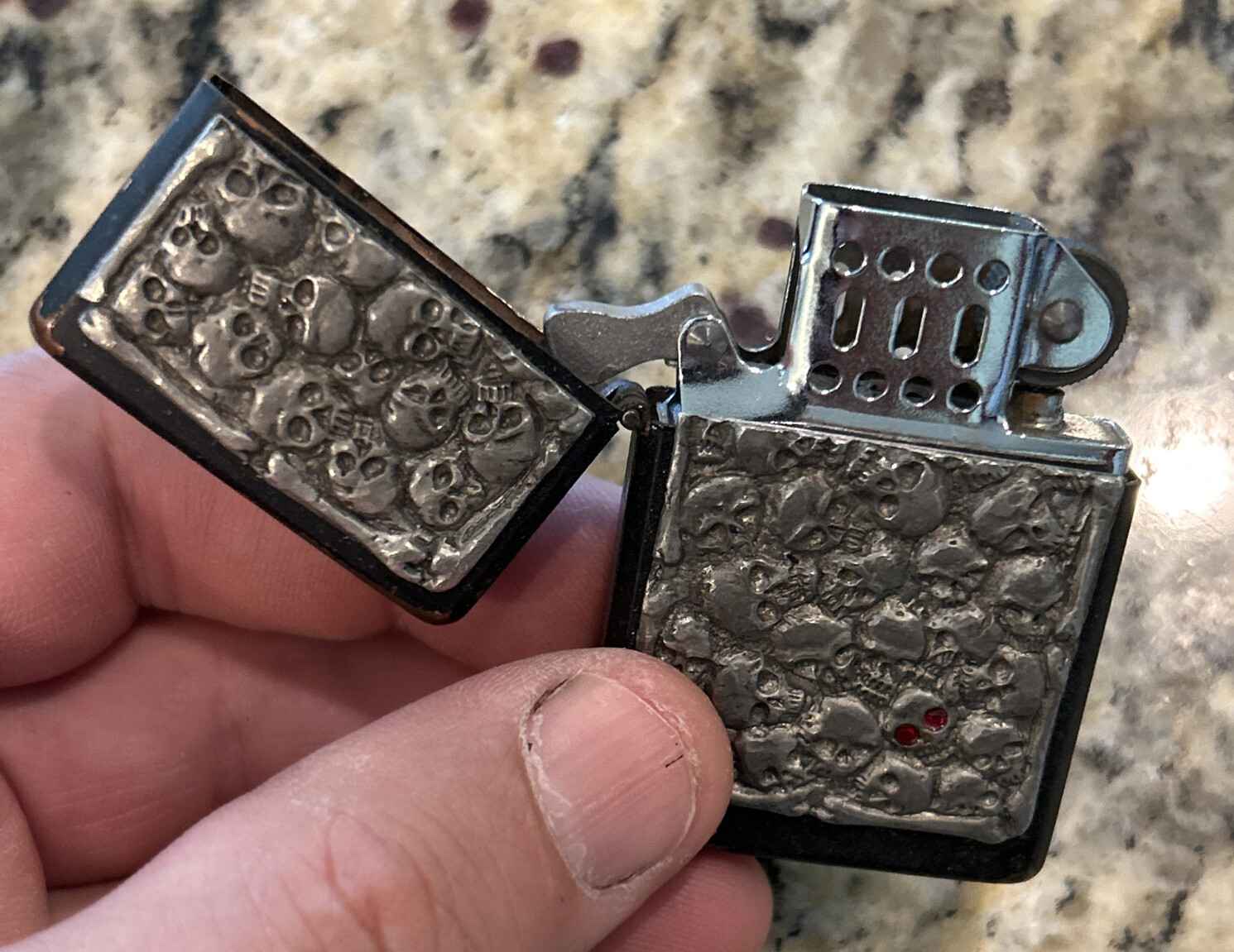 One Of a Kind Skull  cigarette case & Lighter Hand Crafted  Ruby Red Eyes Pop