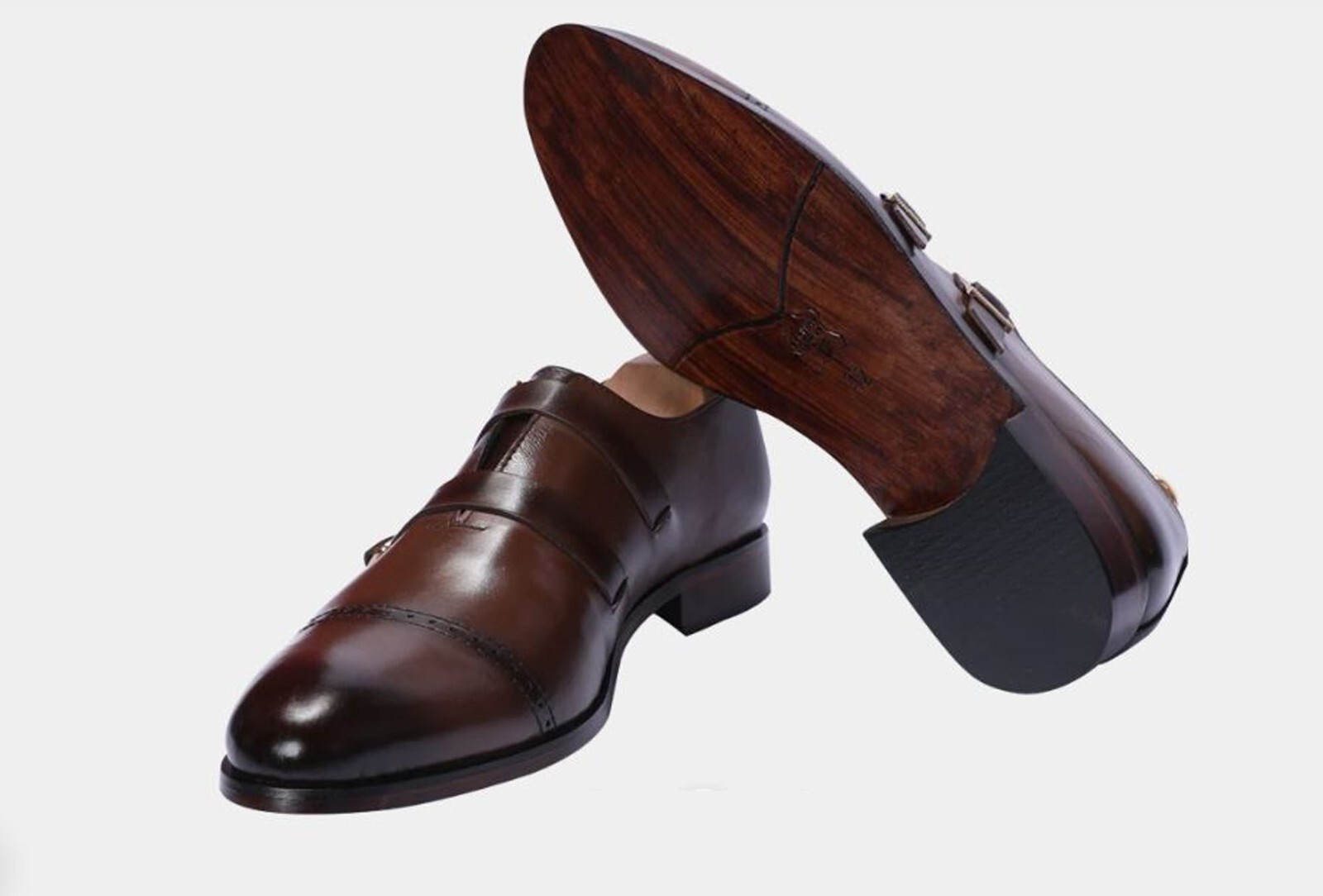 Handmade Chocolate Brown Color Genuine Leather Stylish Cap Toe Straps Shoes image 2