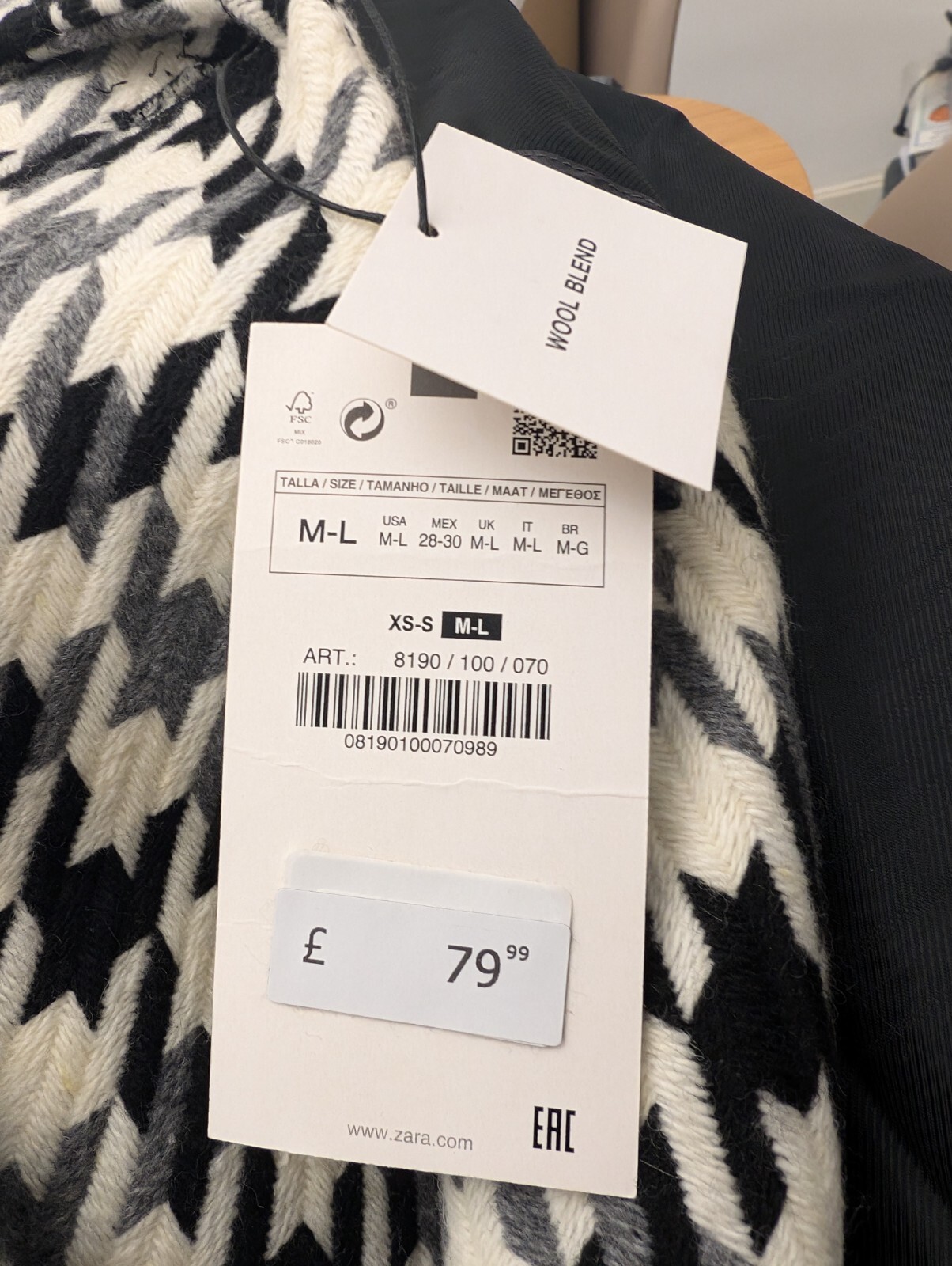 Rare ZARA Houndstooth Wool Blend Black Grey & White Coat Jacket - Size M-L image 2