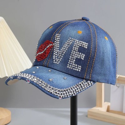 Frauen Strass Baseball kappe Einstellbar Baumwoll-Denim-Baseball mütze