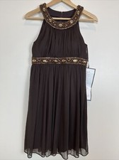 NWT $179 Xscape Brown Embellished Flowy Halter Dress Lined Size 6p