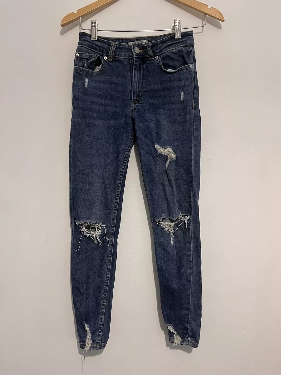 jeans denim co size 8 blue mid wash ripped skinny button zip womens