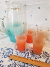 Vintage West Virginia Glass Blendo Frosted Juice Pitcher 4 Tumbler Glasses Set