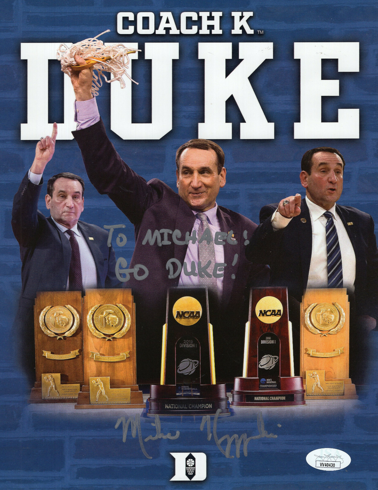 Mike Krzyewski Autographed Signed Duke Blue Devils MIKE KRZYZEWSKI HAND 8x11 COLOR PHOTO DUKE COACH TO MICHAEL JSA 