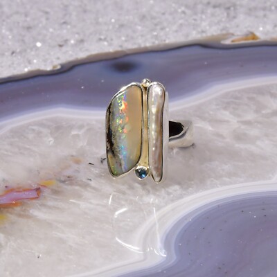 Boulder Opal Ring, 925er Silber, Edelsteinring (23516), mit Perle und Mondstein