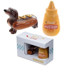 Dachshund Sausage Dog in a Bun Mustard Fast Food Ceramic Salt & Pepper Set