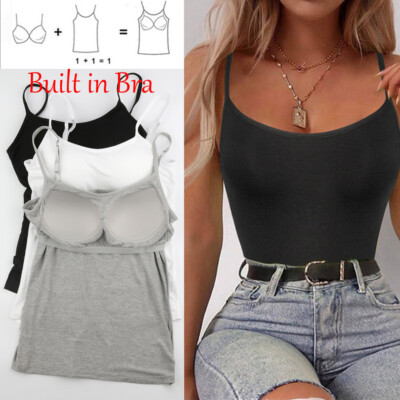#ad #ad Women Sleeveless Cami with Built in Bra Adjustable Strap Camisole Tank Tops Vest $16.79