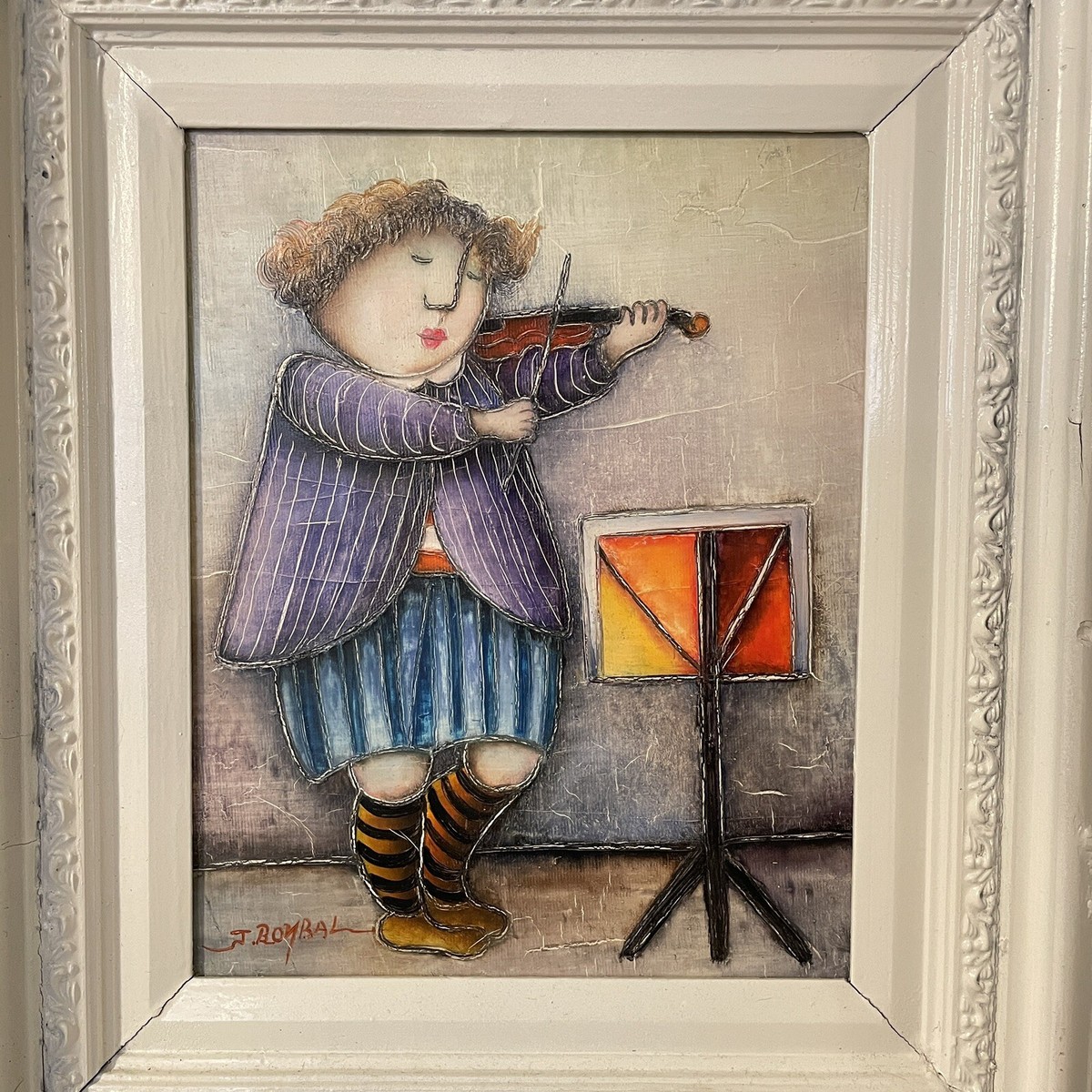 油彩　ジェイ・ロイバル　バイオリニスト Jey Roybal J. Roybal Violinist Oil Painting, canvas 8x10 signed Vintage