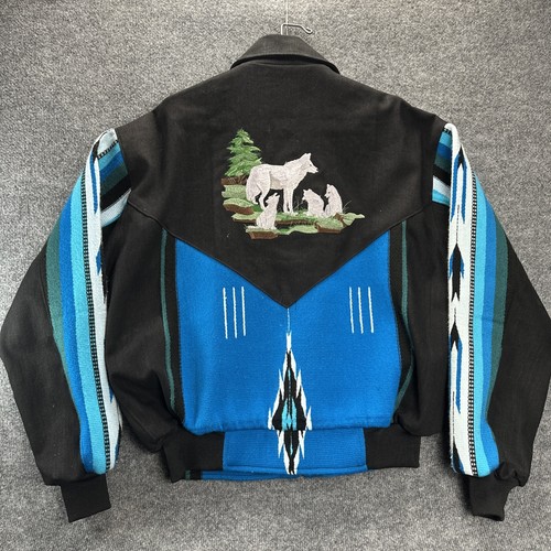 VTG Buffalo Nickel Aztec Wolf Western Cowboy Embroidered Bomber Jacket Men's M