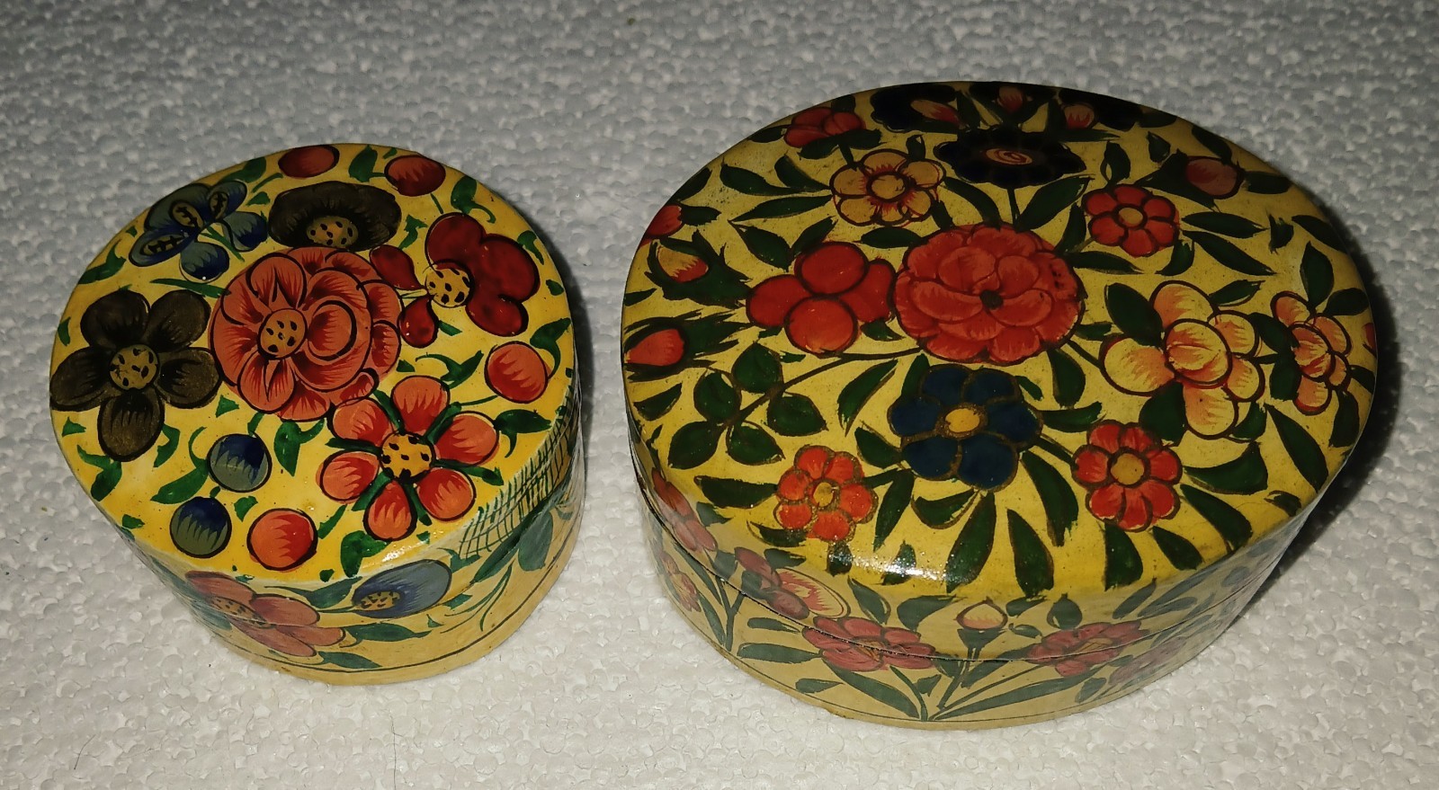 Hand-painted vintage Kashmir lacquered paper mache trinket boxes set of 2