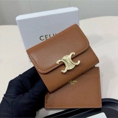 CELINE Brown Tri-Fold Wallet Gold Logo Hardware Zipper Card Holder Set w/ Box