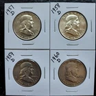 Ben Franklin 90% Silver Half Dollar 50c Coins (Lot of 4) 1957D, 58D, 59D, 60D
