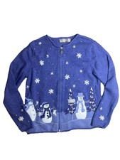 Croft Barrow Winter Snowman Full Zip Cardigan Sweater Women  s small Blue Xmas