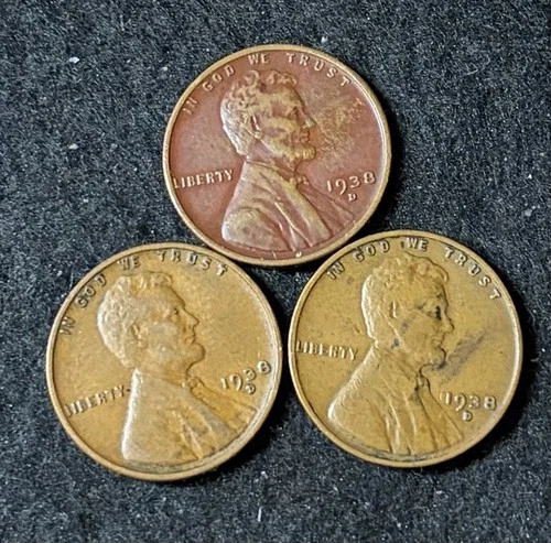 1938 D (3 Coins) Lincoln Wheat Pennies- Free Shipping