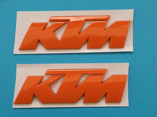 KTM BADGE DECAL 3D 95mm X 30mm Pair Fuel tank Fairing panels etc IN ORANGE