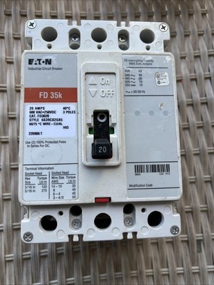 Eaton FD3020Bolt-On Circuit Breaker, 20A, 600V, 3P, 3PH, FD, 20Amp