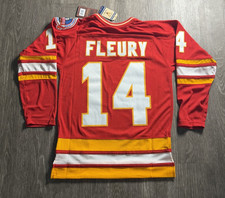 NWT Mitchell & Ness Flames Theo Fleury Blue Line Vintage Hockey Jersey - MEDIUM
