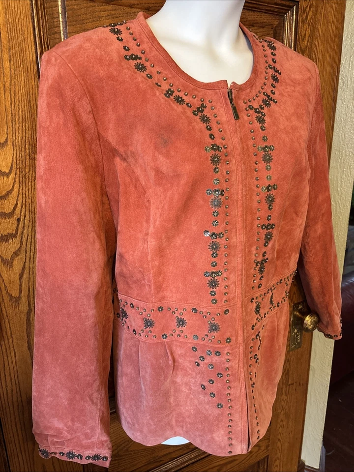 CHAQUETA VINTAGE Pamela McCoy tachonada cremallera cuero gamuza genuino para mujer talla 2X Foto 2 de 4
